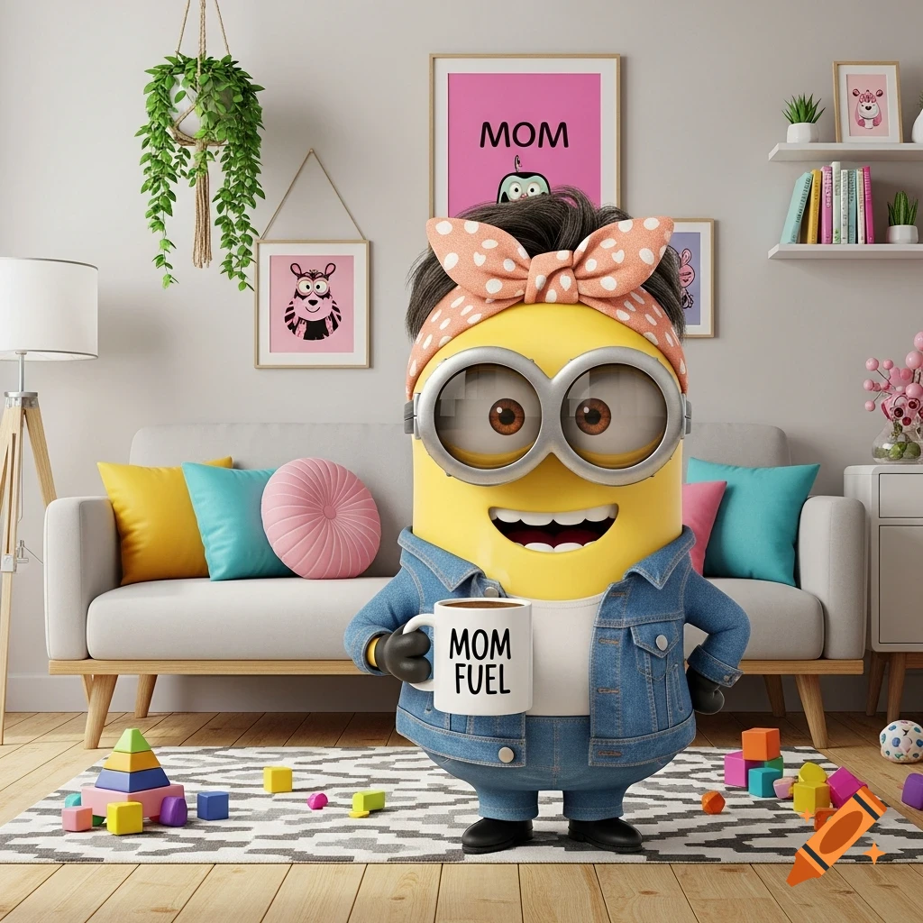A Minion in a denim jacket and polka-dot headband smiles while holding a 'MOM FUEL' mug in a cozy living room.