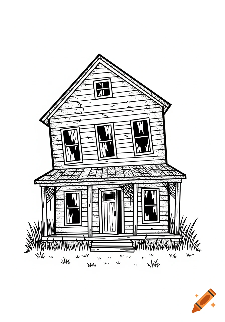 A black and white line art drawing of a rundown, tilted haunted house with spiderwebs and messy grass.