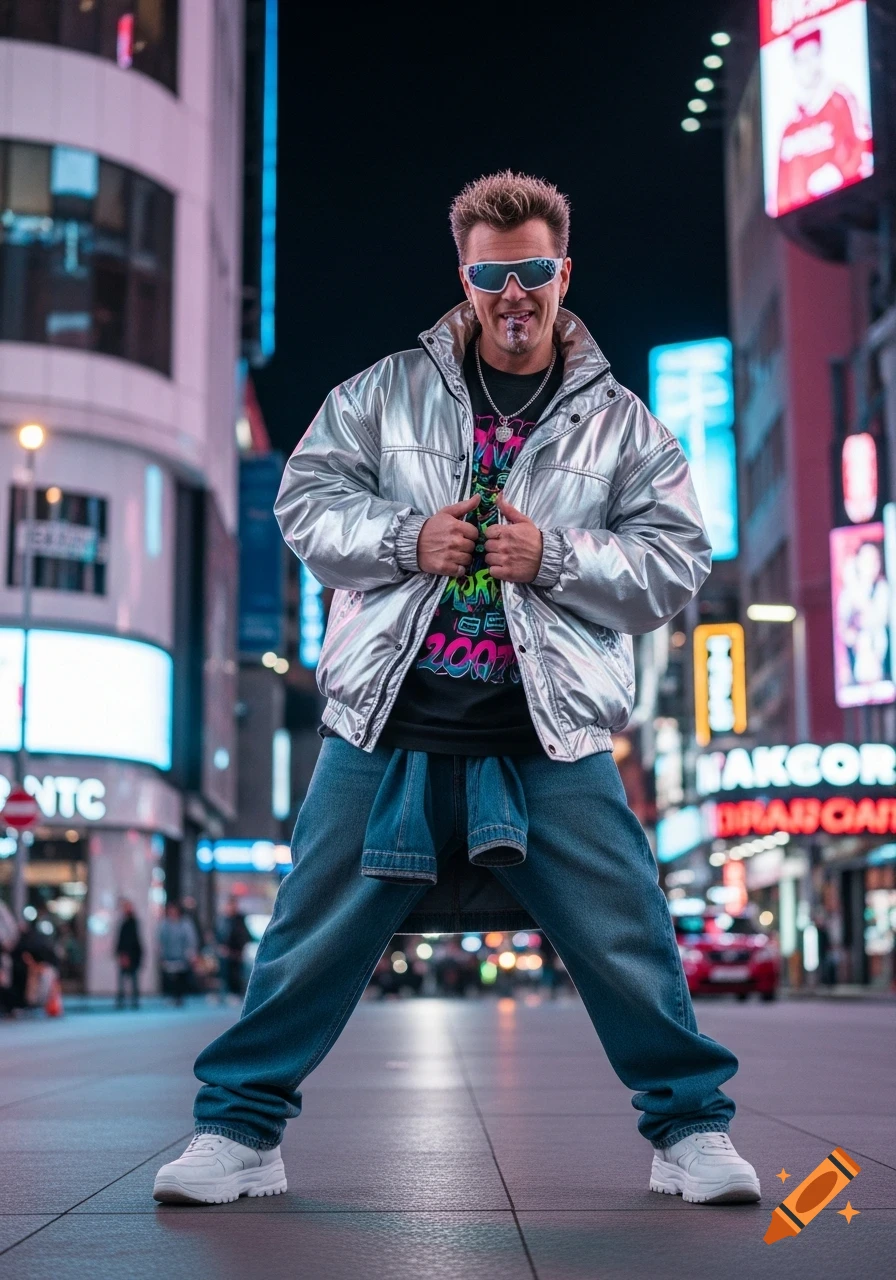 A man in a silver puffer jacket, baggy jeans, and sunglasses poses in a neon-lit city street at night.