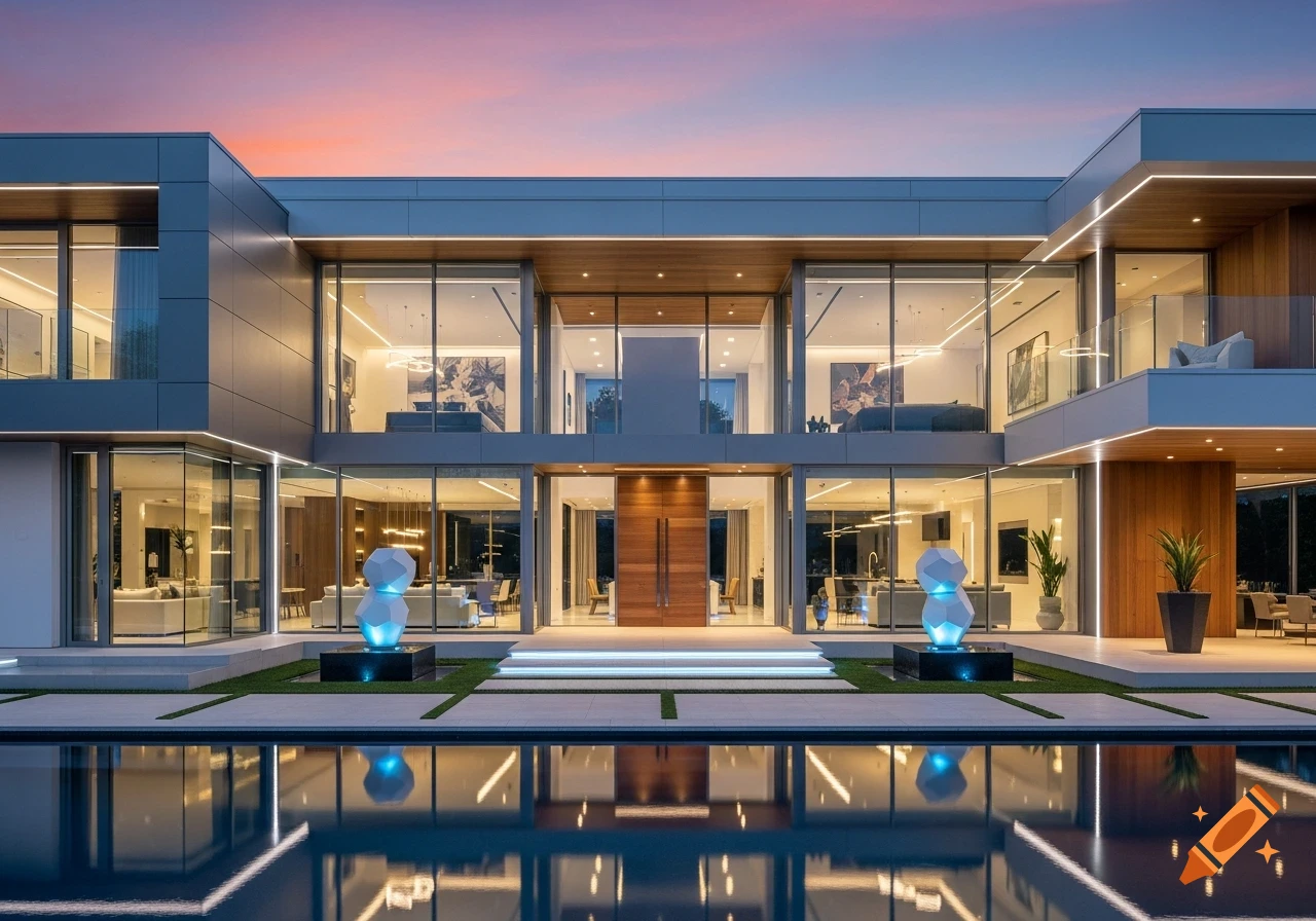 Photorealistic image of a large, modern luxury house with expansive windows and a pool at sunset.