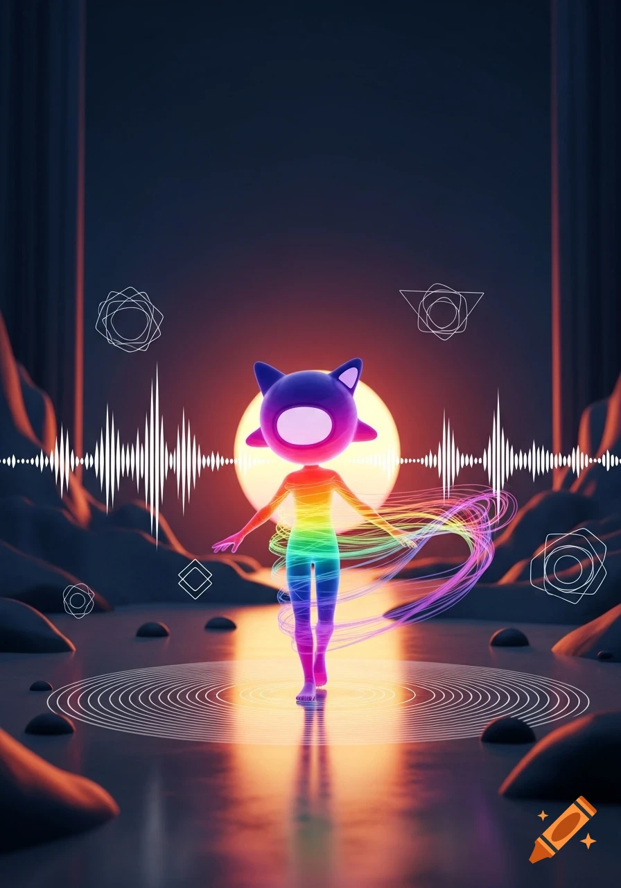Vibrant rainbow cat-eared character in a glowing surreal landscape with sound waves and geometric patterns, 3D art.