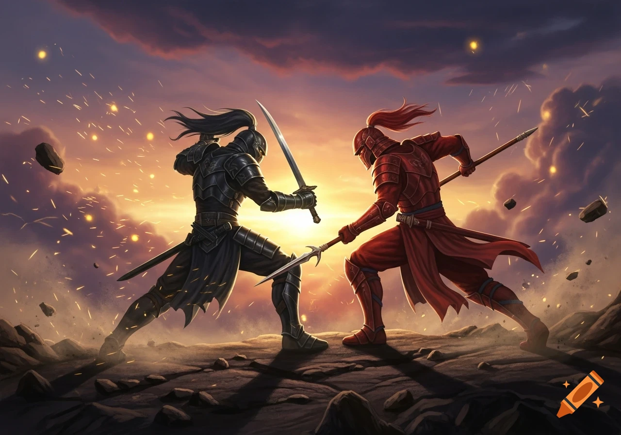 Two armored fantasy warriors, one in black and one in red, duel with sword and spear at sunset amidst flying sparks and rocks.