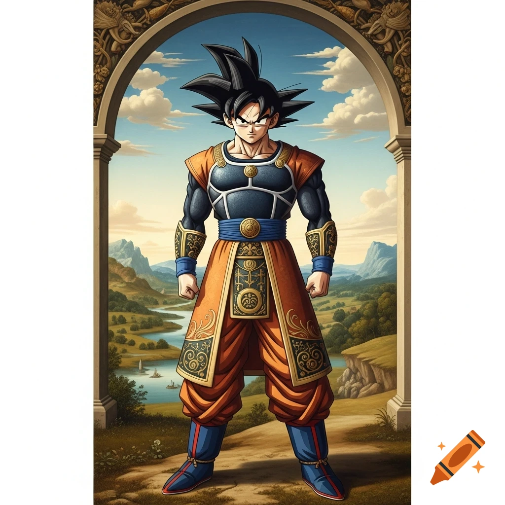 Son Goku in a renaissance-style outfit, standing under an ornate archway overlooking a classical landscape with a river.