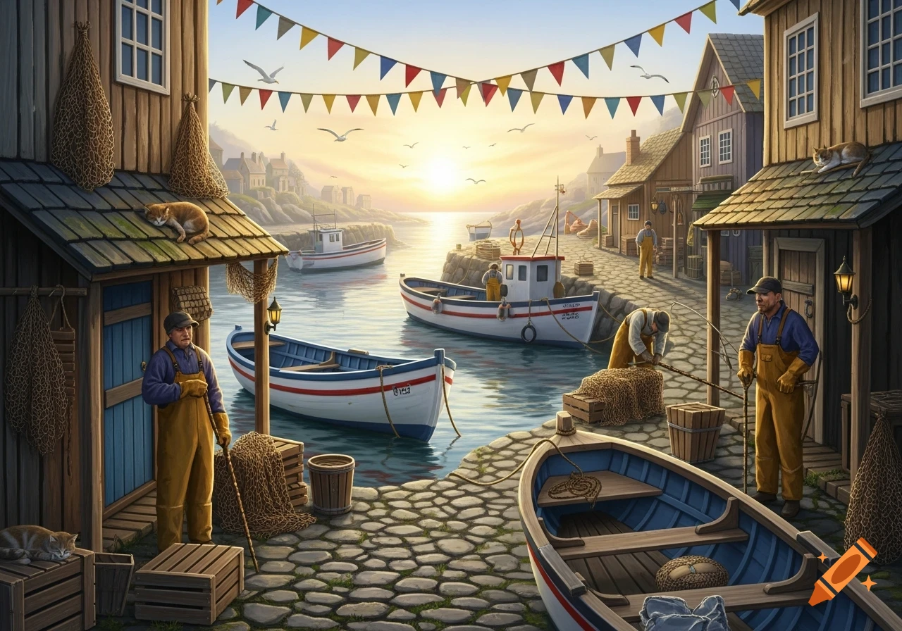 A vibrant fishing village scene at sunrise, with fishermen on boats and docks, wooden houses, and seagulls flying overhead.