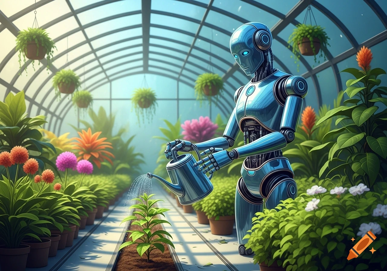 A blue robot waters a small plant in a vibrant, futuristic glass greenhouse filled with diverse green plants and colorful flowers.