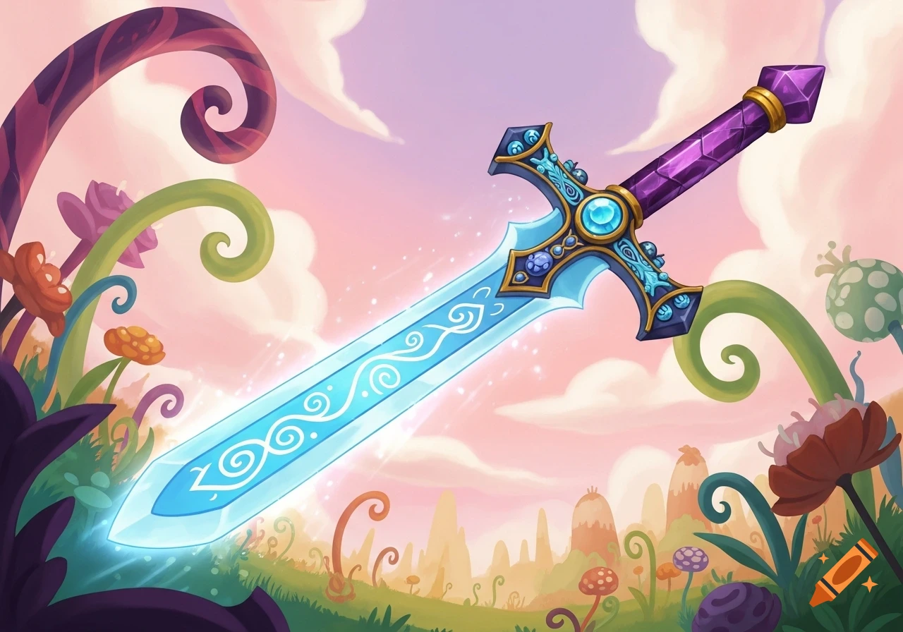 An ornate blue and purple glowing sword floats in a whimsical fantasy landscape with colorful plants under a pink sky.