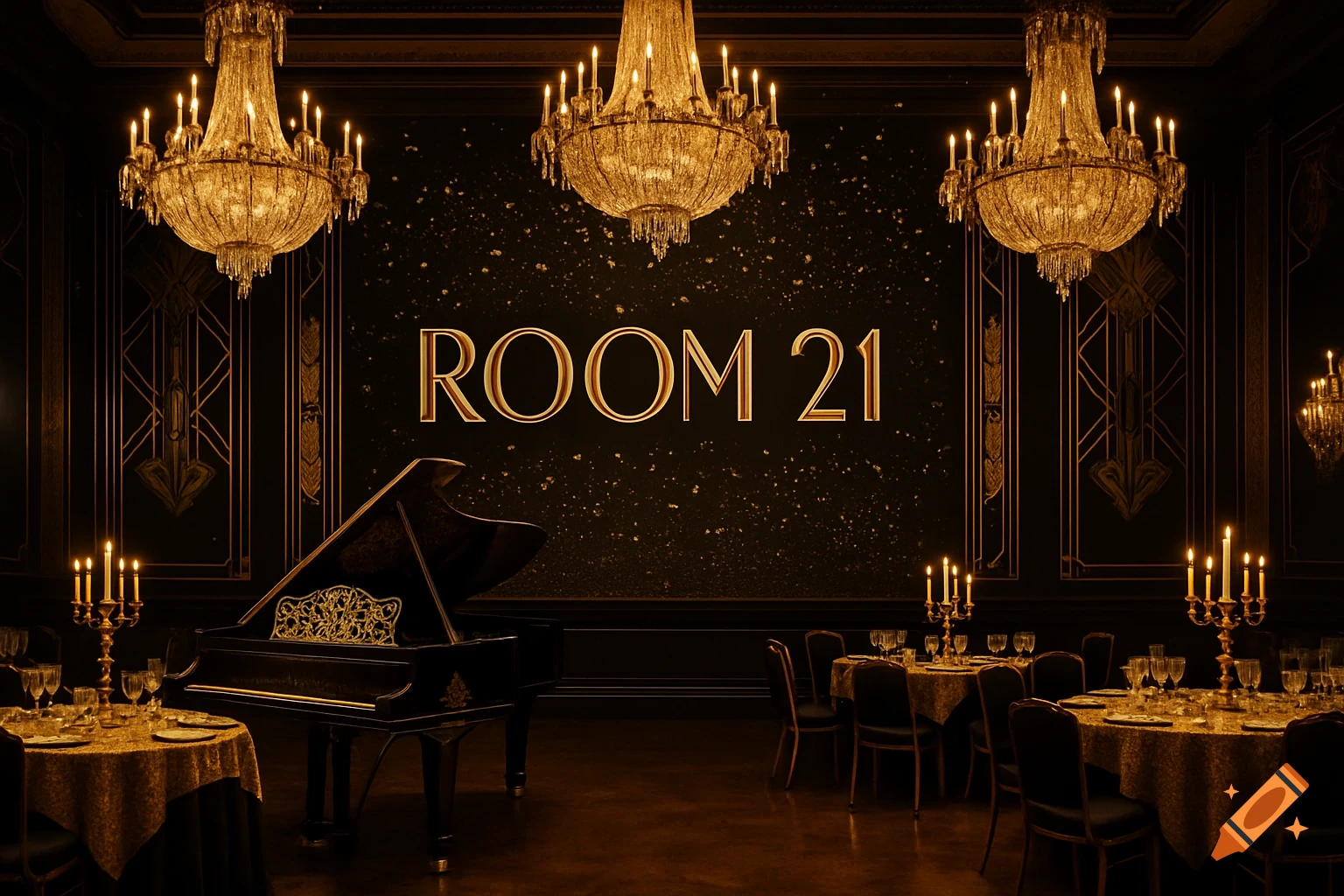 A glamorous, dimly lit black and gold room with three crystal chandeliers, a grand piano, and tables set for an event. "ROOM 21" is displayed on the back wall.