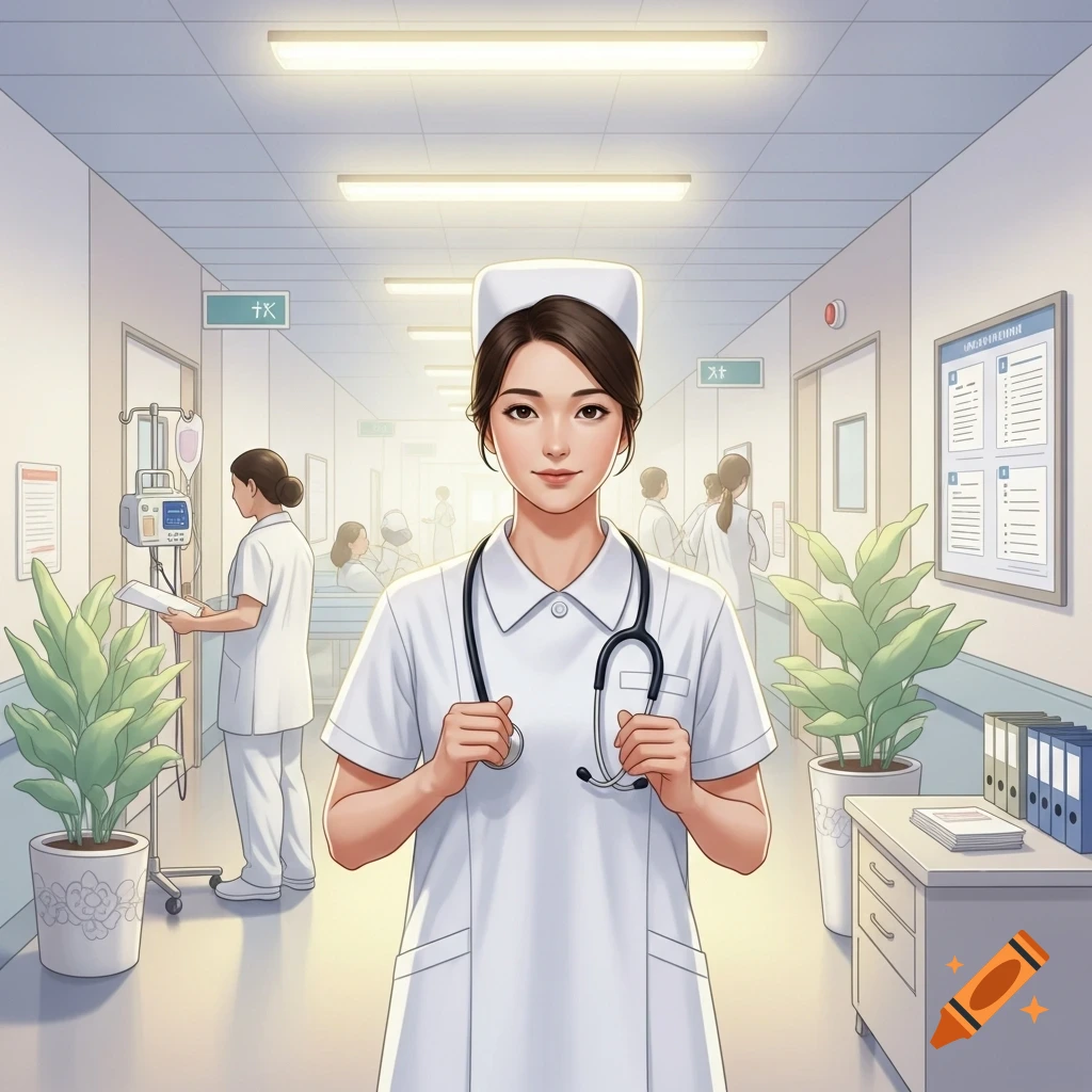 Anime-style female nurse in a hospital hallway holding a stethoscope, with other staff in the background.