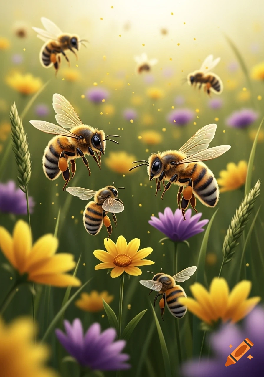 Several bees fly and hover among vibrant yellow and purple wildflowers in a sun-drenched field.