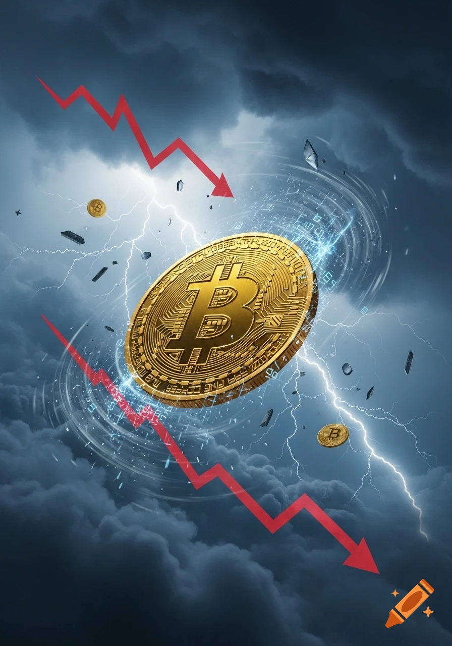 A golden Bitcoin coin falls amidst a stormy sky with lightning and a red downward arrow, symbolizing a market crash.