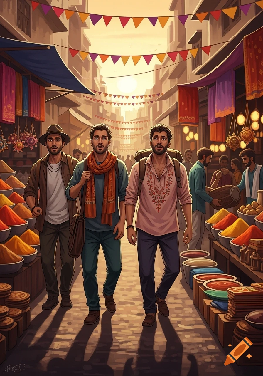 Three men walk through a vibrant Indian market street lined with spice stalls and colorful fabrics under festive banners, in an illustrated style.