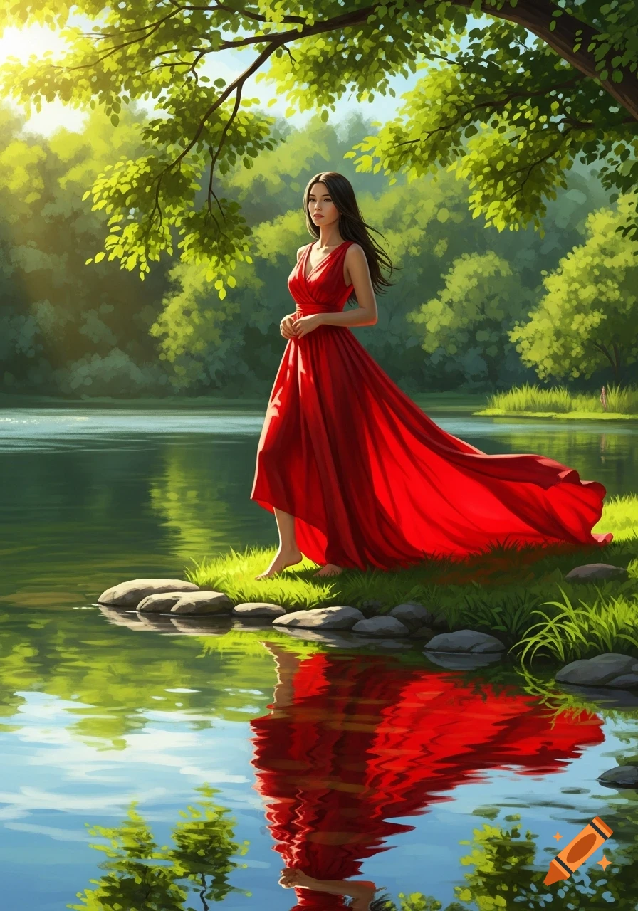 A woman in a flowing red dress stands barefoot by a tranquil lake ...