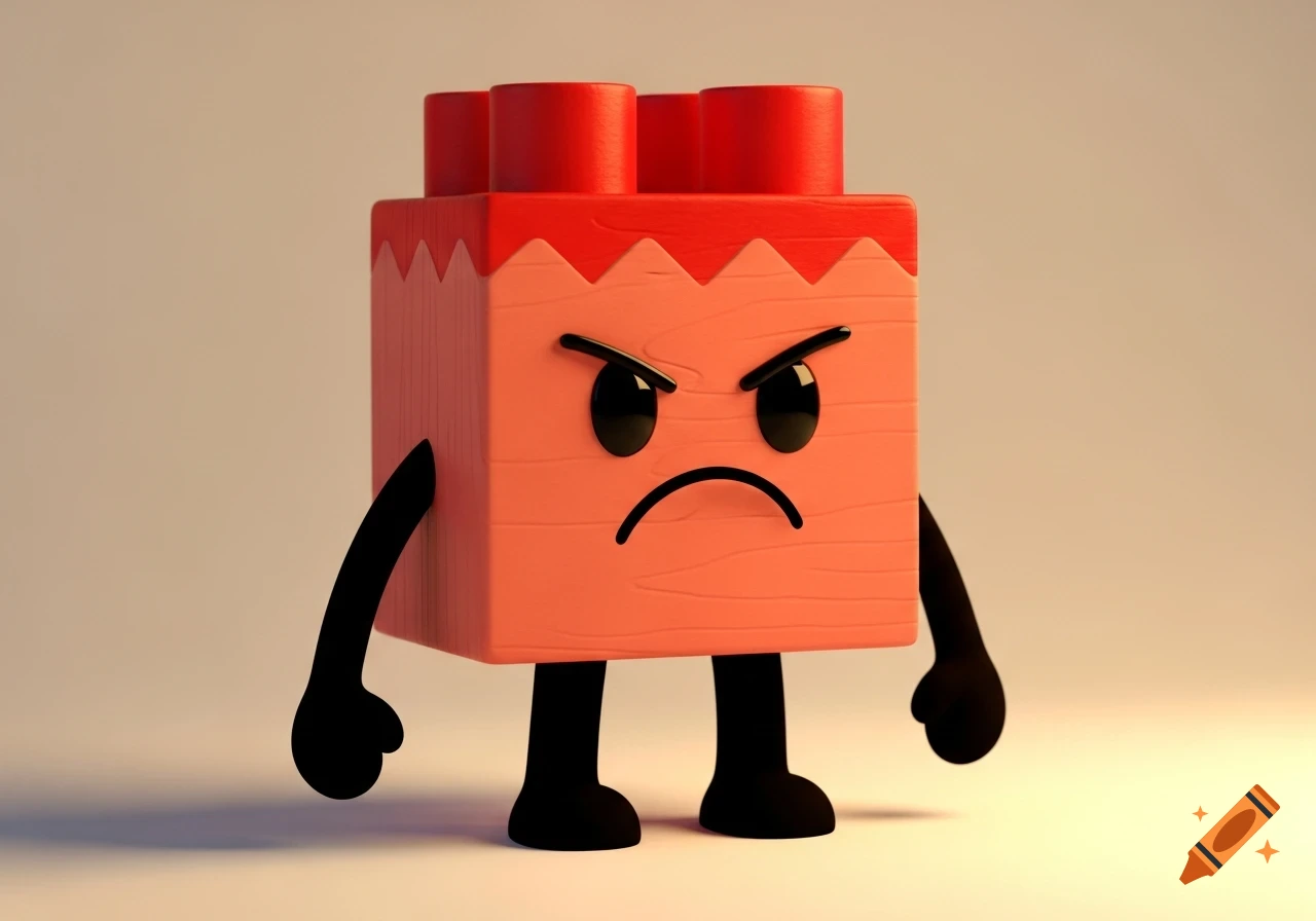 An angry red and coral block-shaped cartoon character with black limbs and a frowning face, resembling a toy building block.