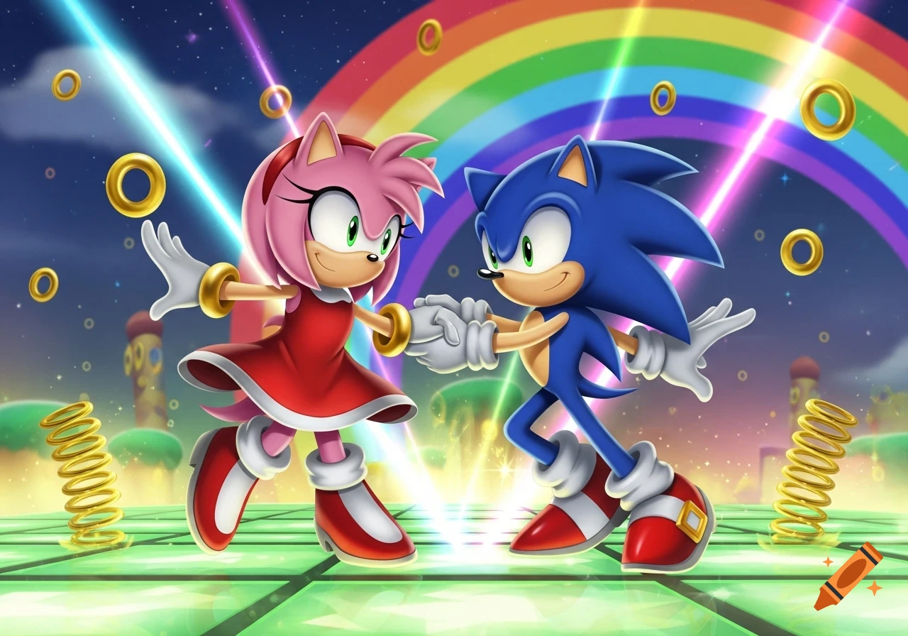 Amy Rose and Sonic the Hedgehog dance hand-in-hand on a glowing disco floor with a rainbow, rings, and springs in the background.