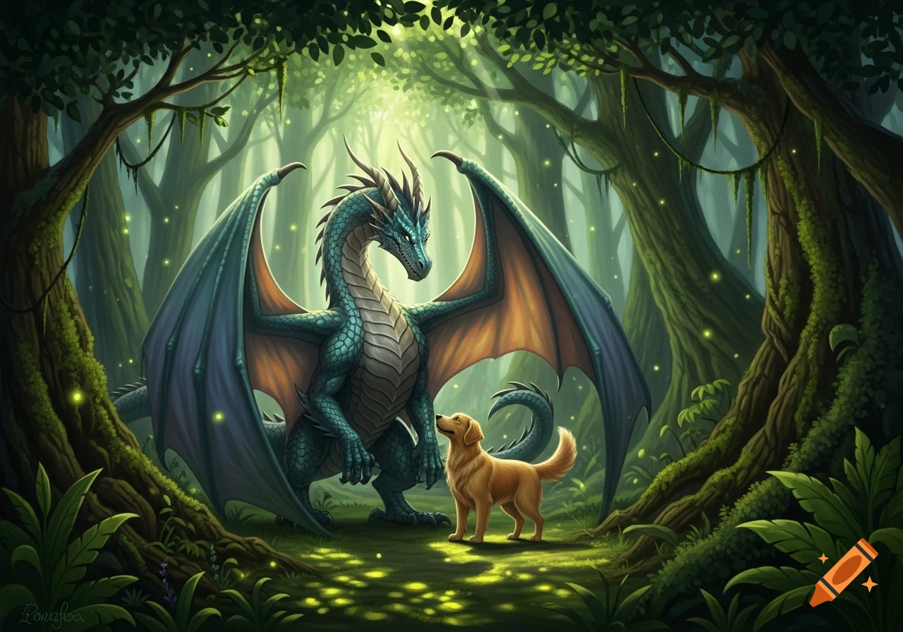 A large blue dragon with outstretched wings stands in a magical forest ...