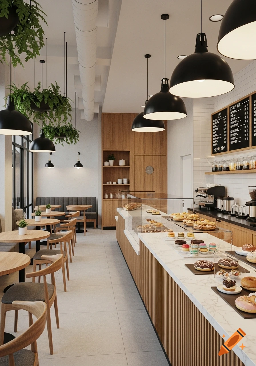 Modern cafe interior with a long pastry display counter, light wood tables, chairs, and hanging green plants.
