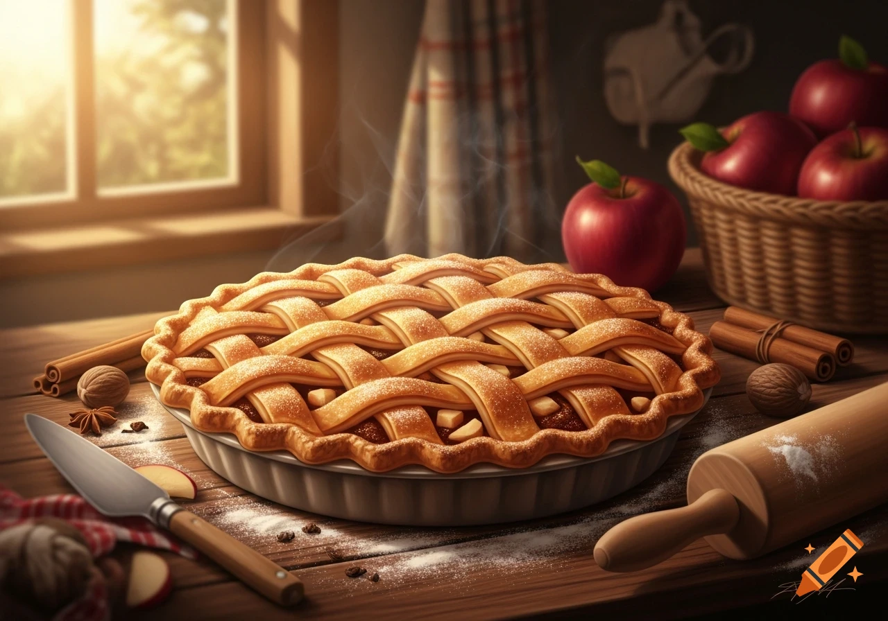 A freshly baked lattice-top apple pie on a wooden table with apples, cinnamon, a knife, and a rolling pin, bathed in warm light.