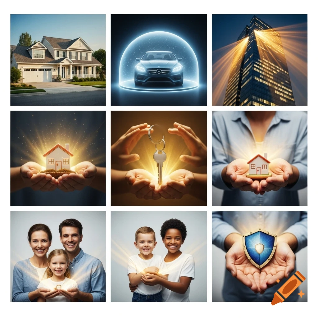 A nine-panel collage featuring insurance-themed images: a house, a car in a protective dome, a skyscraper, hands holding a glowing house, hands holding keys, a person holding a glowing house, a family, two children, and hands holding a protective shield.