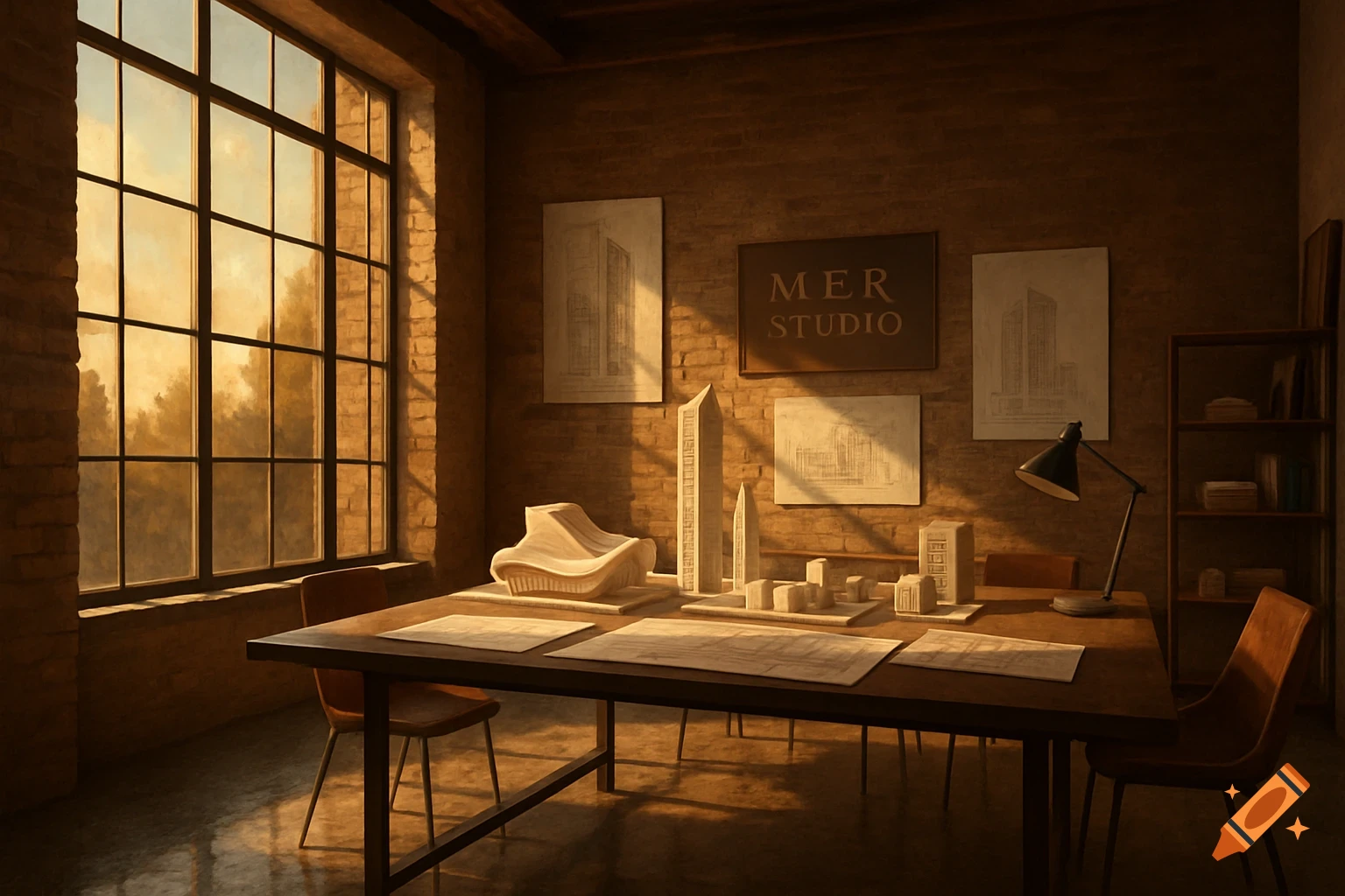 An architect's studio with models of buildings, blueprints, and a sign reading "MER STUDIO" on a brick wall, illuminated by warm sunlight from a large window.