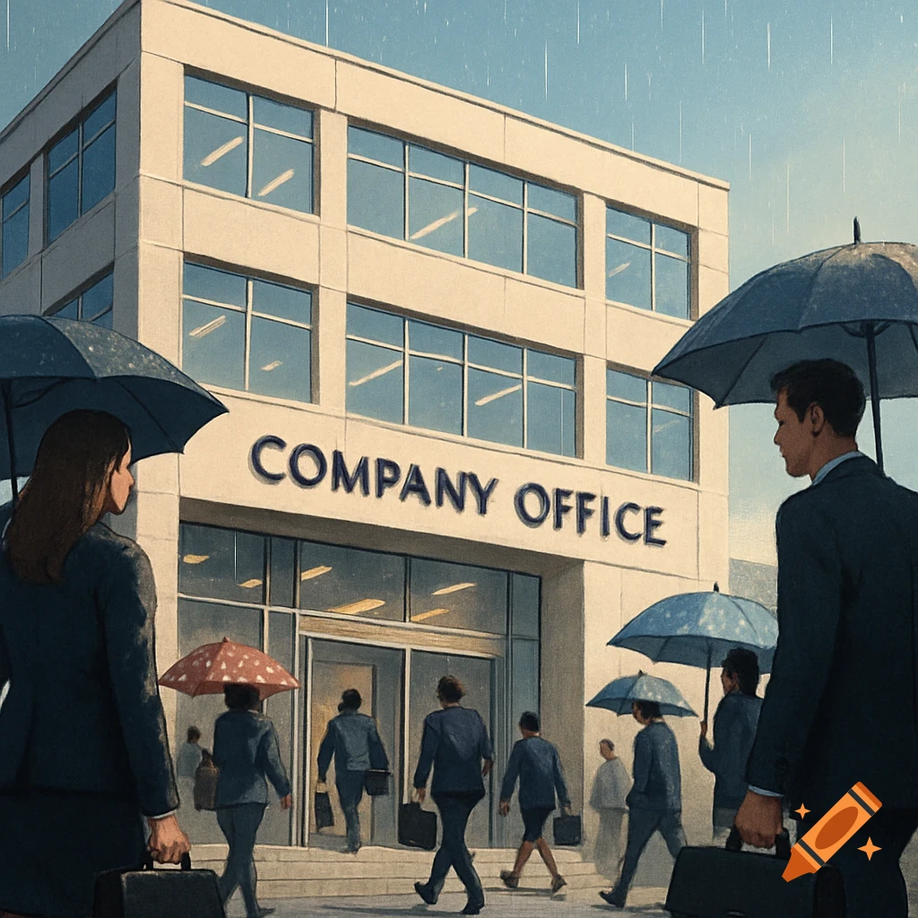 Illustrated scene of business people with umbrellas entering a building marked "COMPANY OFFICE" on a rainy day.