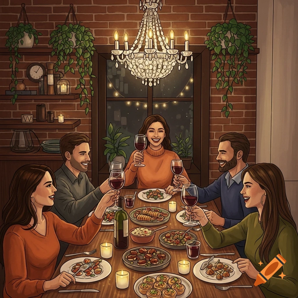 Five friends share a cozy dinner, toasting with wine around a candlelit table in an illustrated dining room.