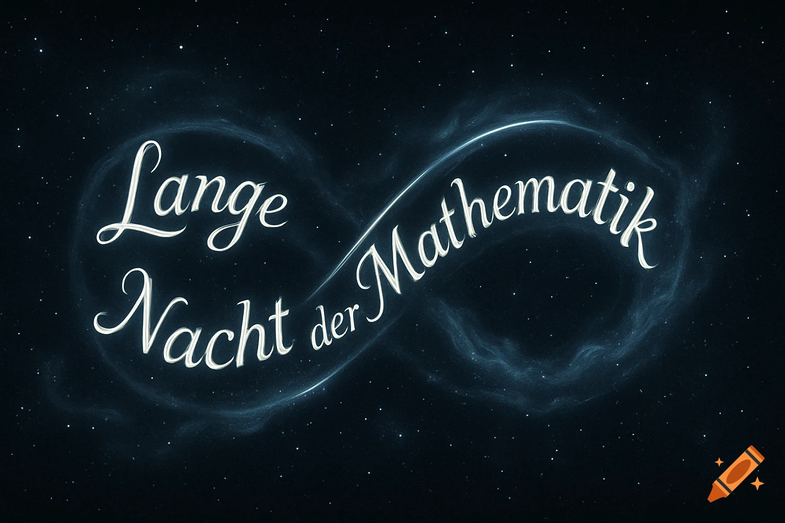 Glowing white text 'Lange Nacht der Mathematik' forming an infinity symbol against a starry dark blue space background.