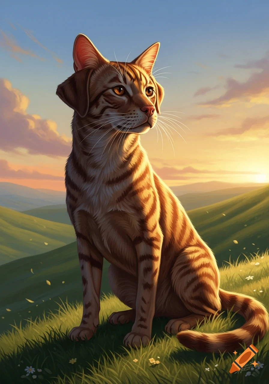 A striped cat with floppy dog ears sits in a grassy field at sunset, looking towards the horizon in a digital art style.
