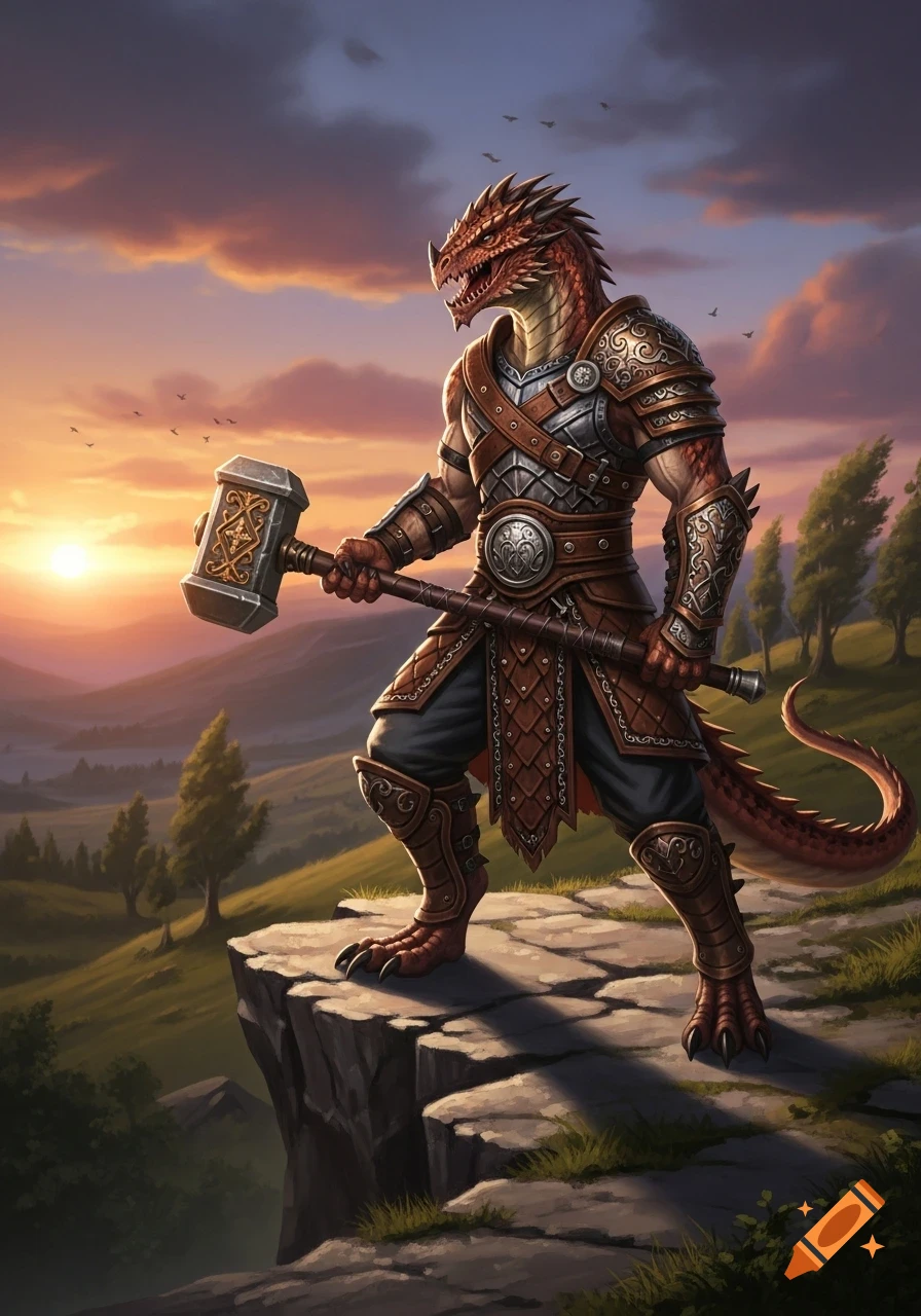 A copper dragonborn fighter in ornate armor stands on a cliff edge, holding a hammer, at sunset over a green valley.