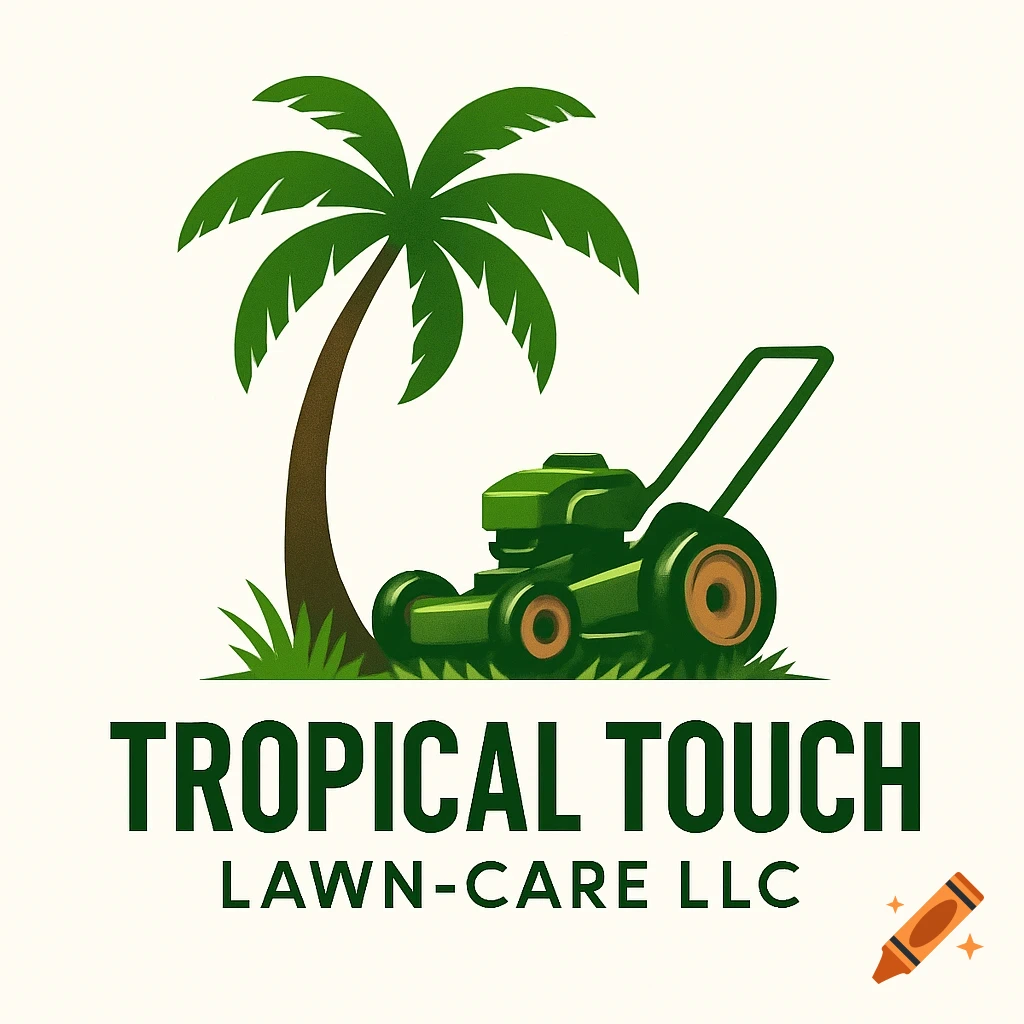 A green logo for Tropical Touch Lawn-Care LLC featuring a palm tree and a lawnmower on grass.