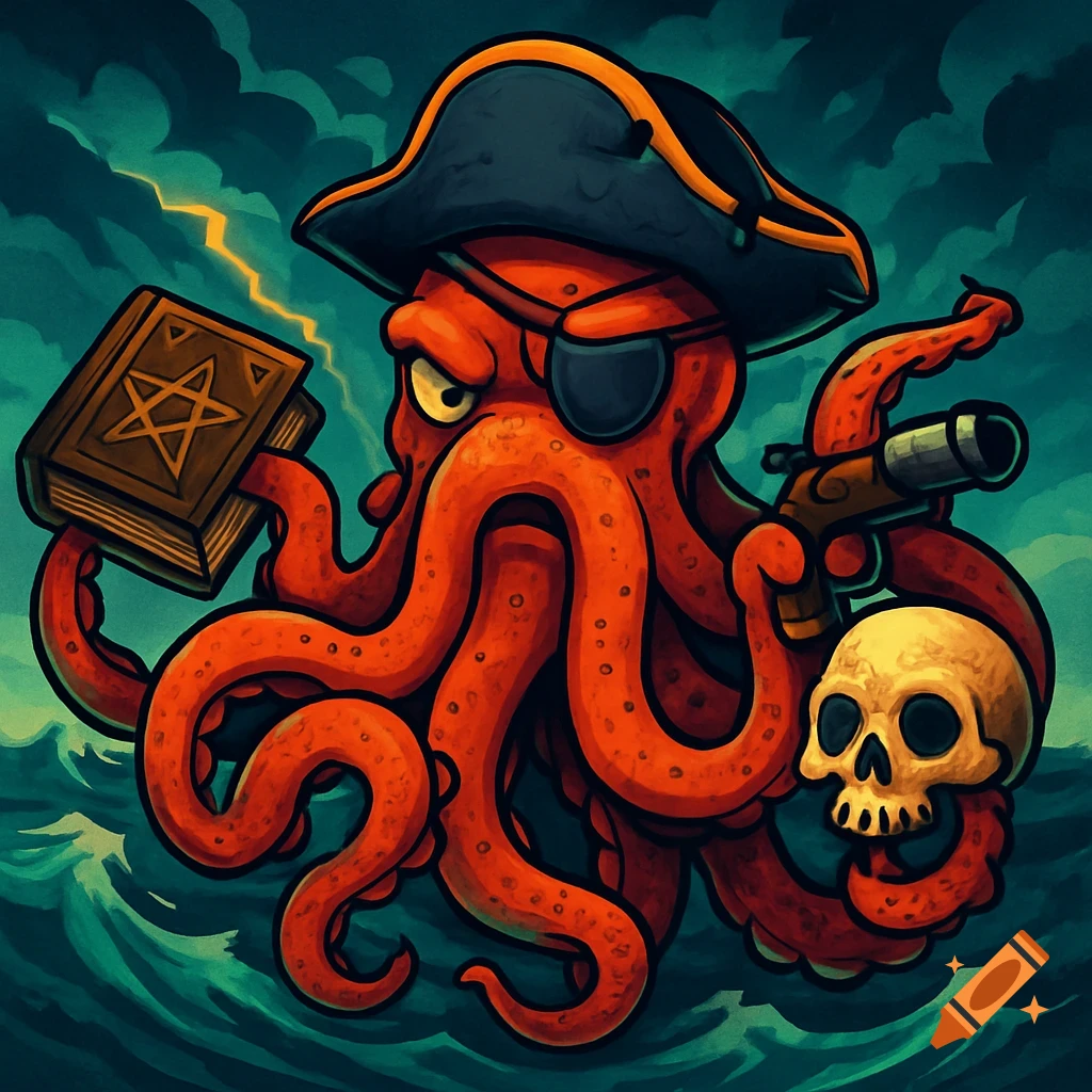 Cartoon pirate octopus wearing an eye patch and hat, holding a book, a gun, and a skull in its tentacles, against a stormy sea background.