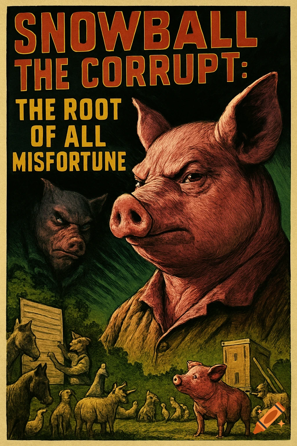 A vintage propaganda poster shows an angry anthropomorphic pig with text 'Snowball the Corrupt: The Root of All Misfortune'.