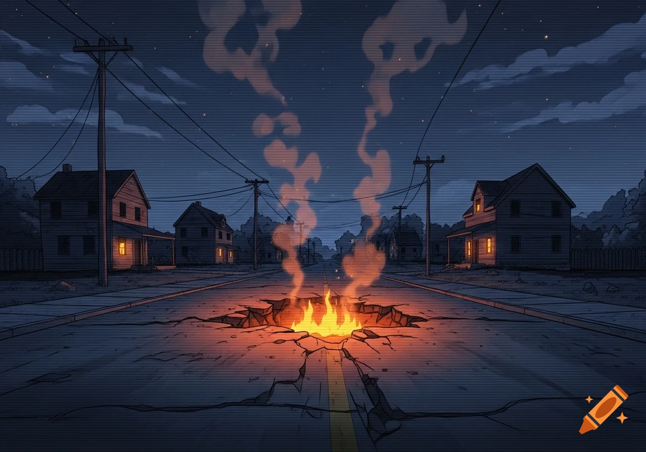 Dark cinematic cartoon of a rural town street at night with fire and smoke rising from a large crack in the pavement.