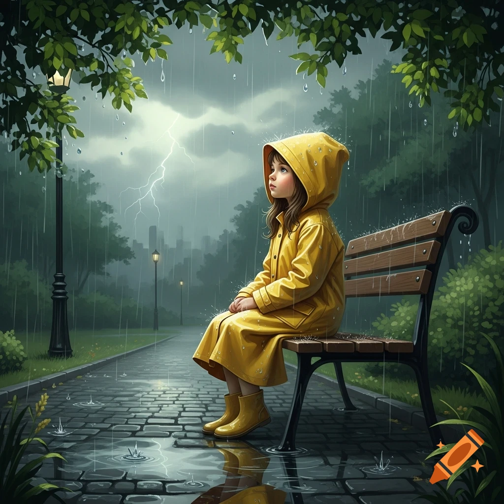 Young girl in a yellow raincoat sits on a park bench on a rainy day with lightning in the sky. Illustrated.