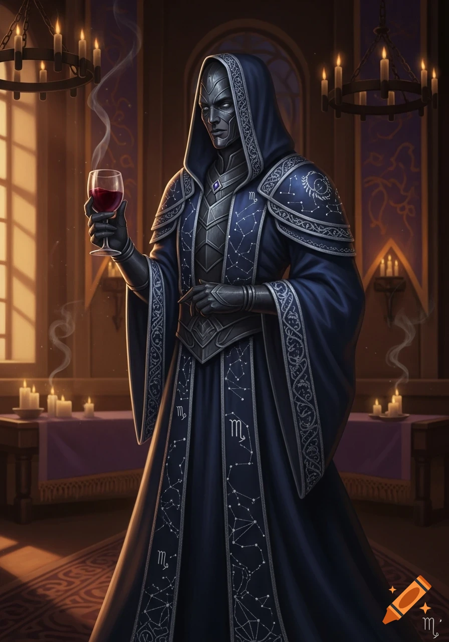 A dark figure in a blue, hooded robe adorned with Scorpio symbols holds a glass of red wine in a candlelit room.