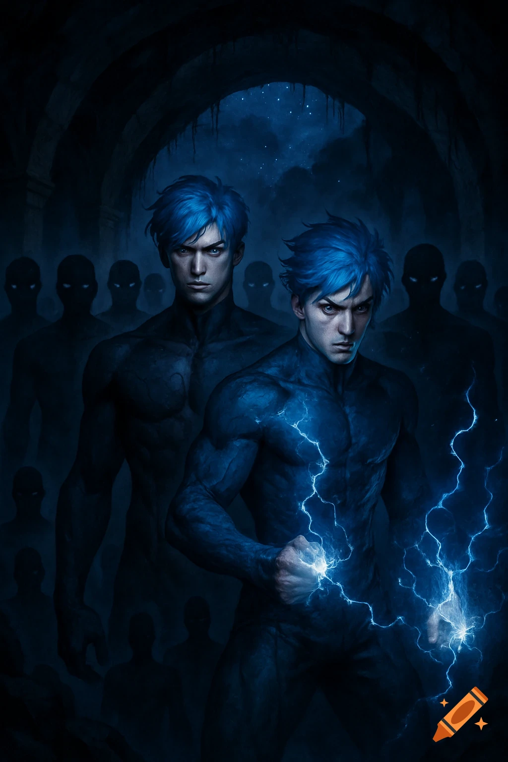 Two muscular men with blue hair and glowing eyes, one emitting blue lightning, stand in a dark archway with shadowy figures, digital art.