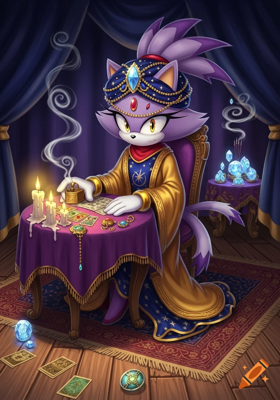 Blaze the Cat from Sonic, dressed as a fortune teller, sits at a purple table with lit candles, tarot cards, and glowing crystals.