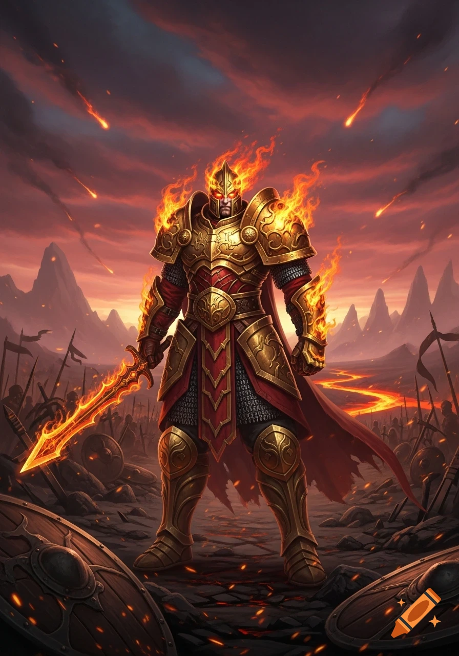 A fierce warrior in golden and red flaming armor wields a flaming sword on a desolate battlefield under a meteor shower.