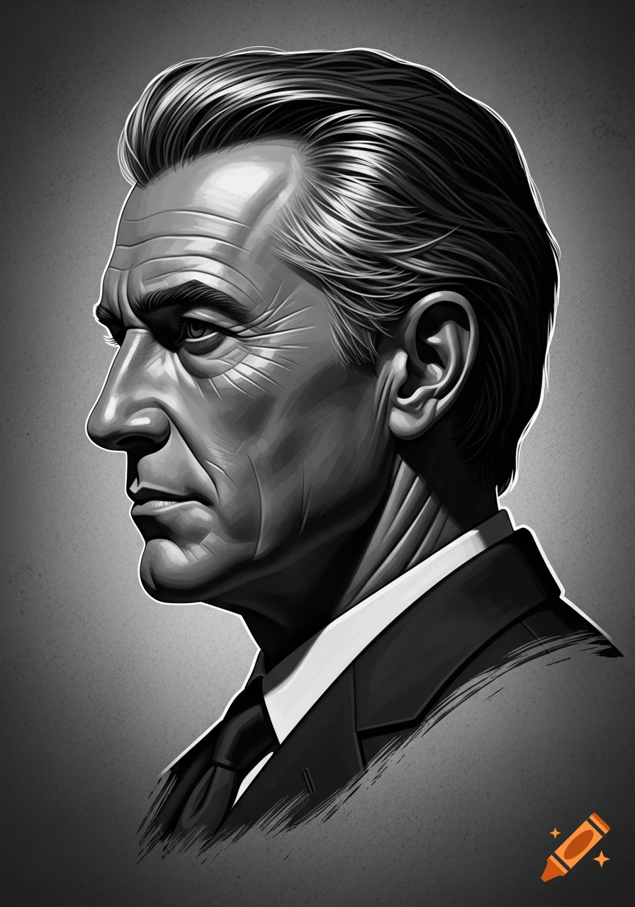 Stylized black and white profile portrait of an older man in a suit against a gray background.