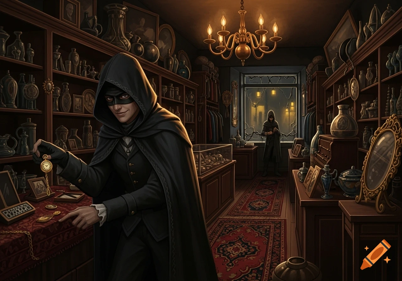 A masked thief in a black cloak examines a pocket watch and coins on a table in a dimly lit antique shop, with another cloaked figure visible through a window.