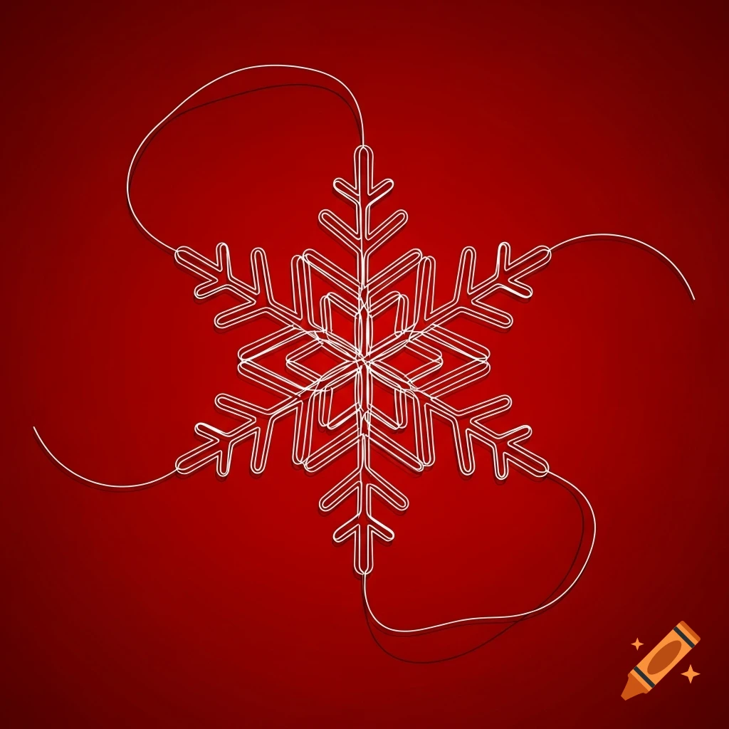 A minimalist white outline snowflake drawn with a single continuous thread-like line on a solid red background.