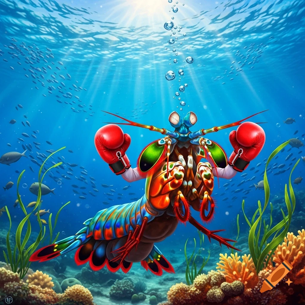 A vibrant mantis shrimp wearing red boxing gloves floats underwater among coral and small fish, with sunrays beaming from above.