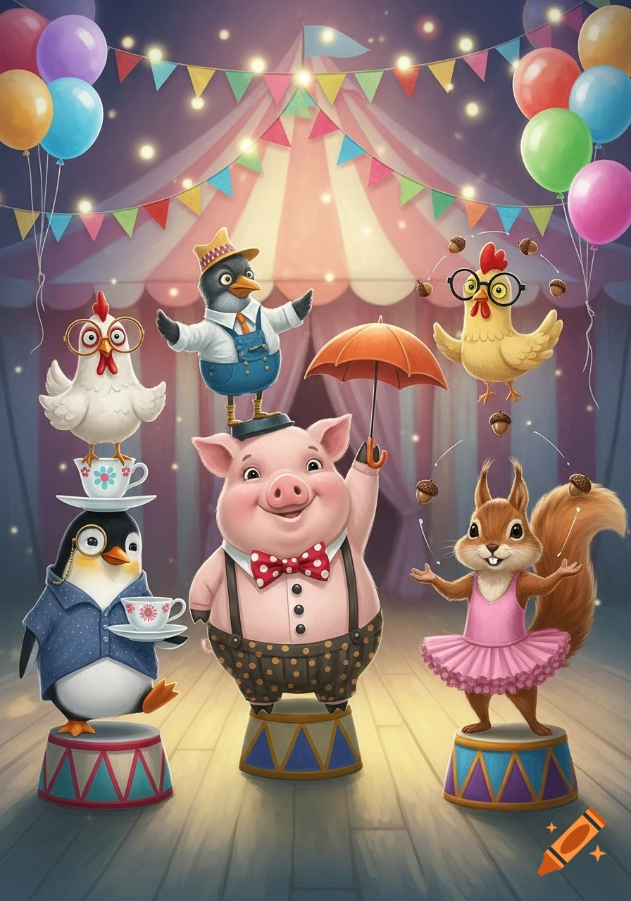 A vibrant illustration of cartoon circus animals performing acts under a big top tent with balloons and string lights.