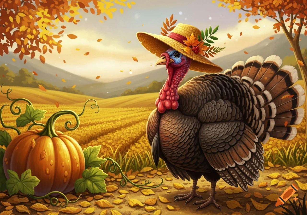 A cartoon turkey wearing a straw hat adorned with autumn leaves stands beside a pumpkin in a golden autumn field.