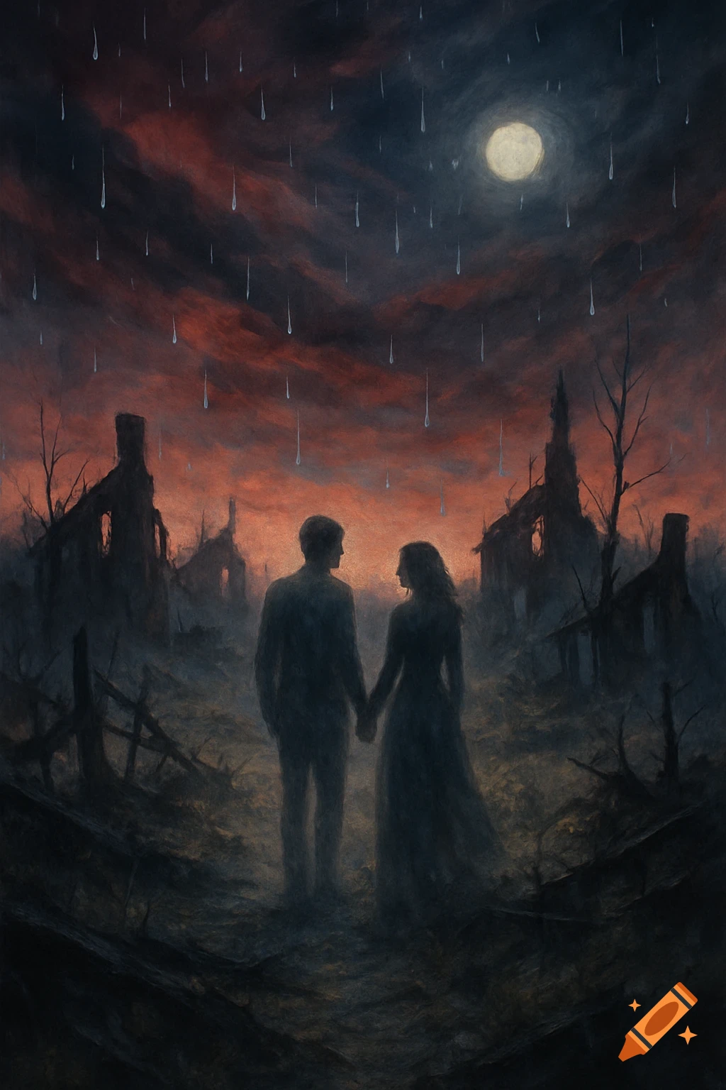 Silhouetted couple holding hands in a desolate, ruined landscape under a red night sky with a full moon and rain, in a dark fantasy painting style.