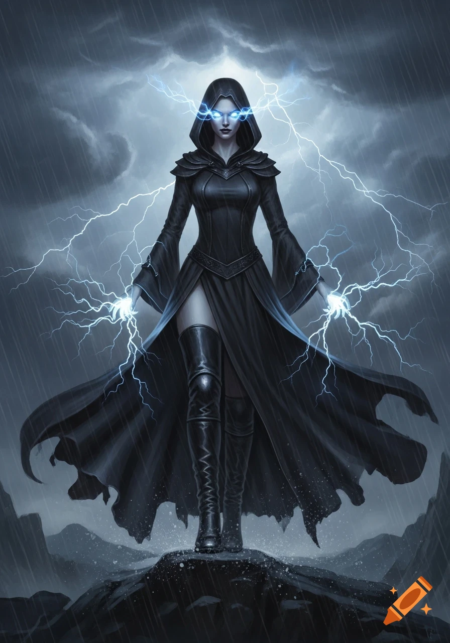 A pale female storm sorcerer in black robes and boots summons lightning from her hands and glowing eyes in a stormy, rainy landscape.