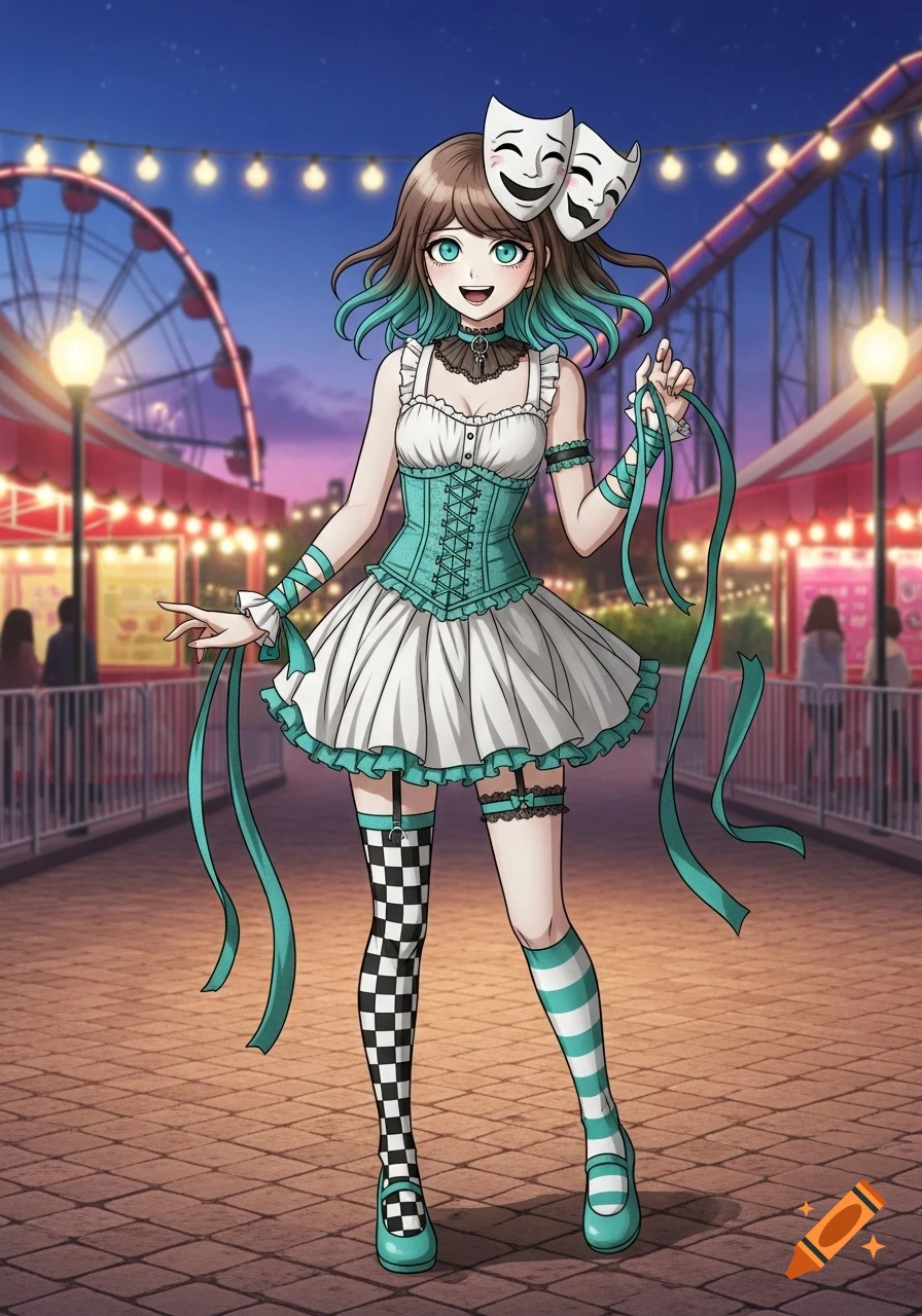 Anime girl with teal-tipped brown hair, drama masks hair clip, and a teal corset dress, standing in an amusement park at night.