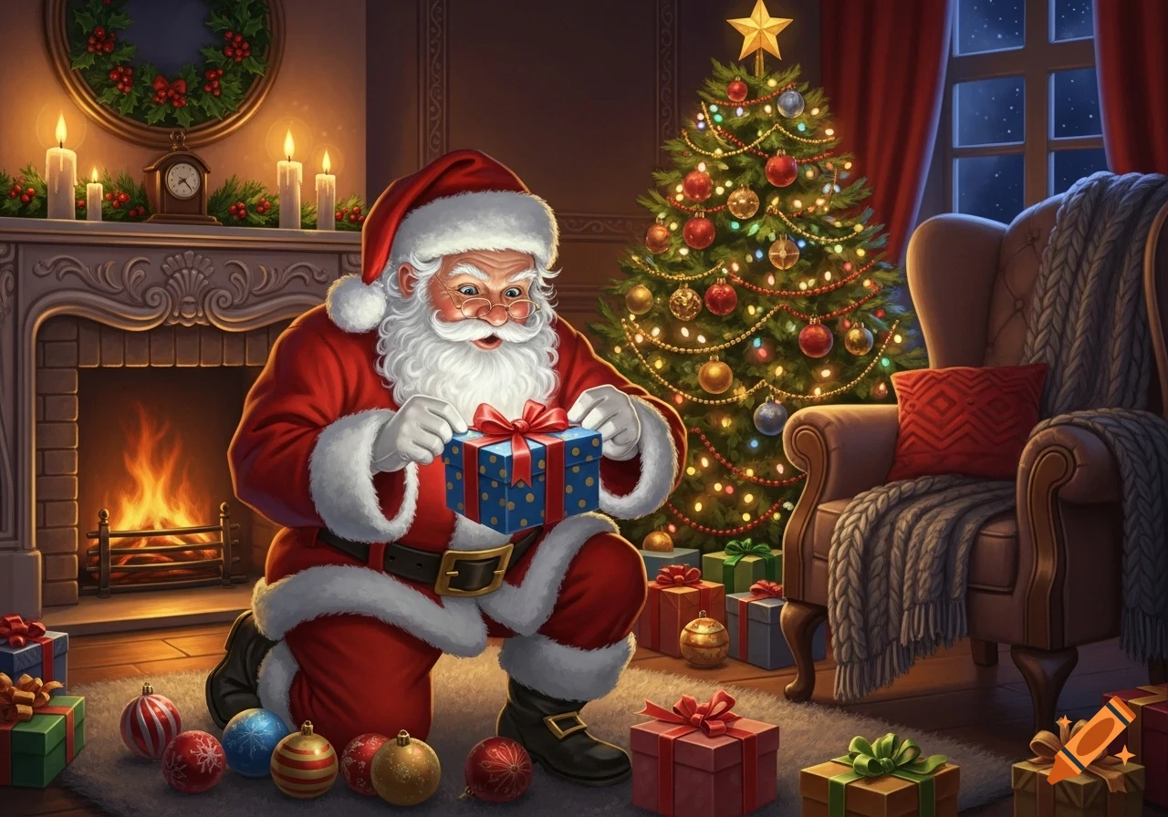 Santa Claus kneels by a fireplace, holding a blue present in a cozy room with a decorated Christmas tree and gifts.