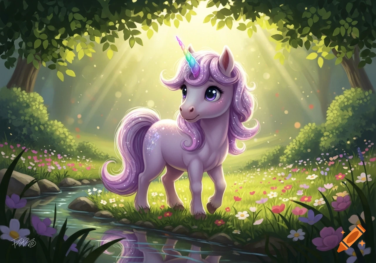 A child-like purple unicorn with a rainbow horn and sparkling mane stands in a magical forest by a stream, surrounded by colorful flowers and sunbeams.