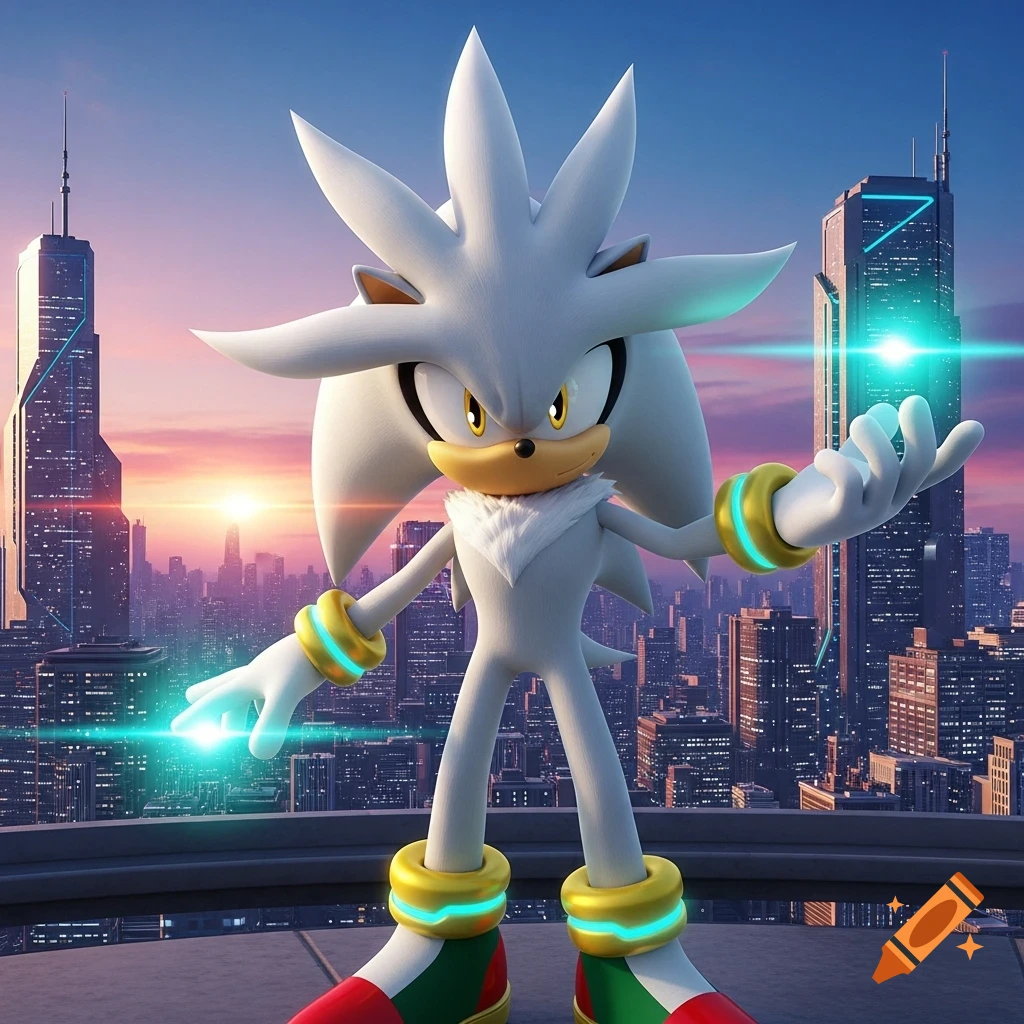 Silver the Hedgehog stands on a rooftop with glowing hands, overlooking a futuristic cityscape at sunset.