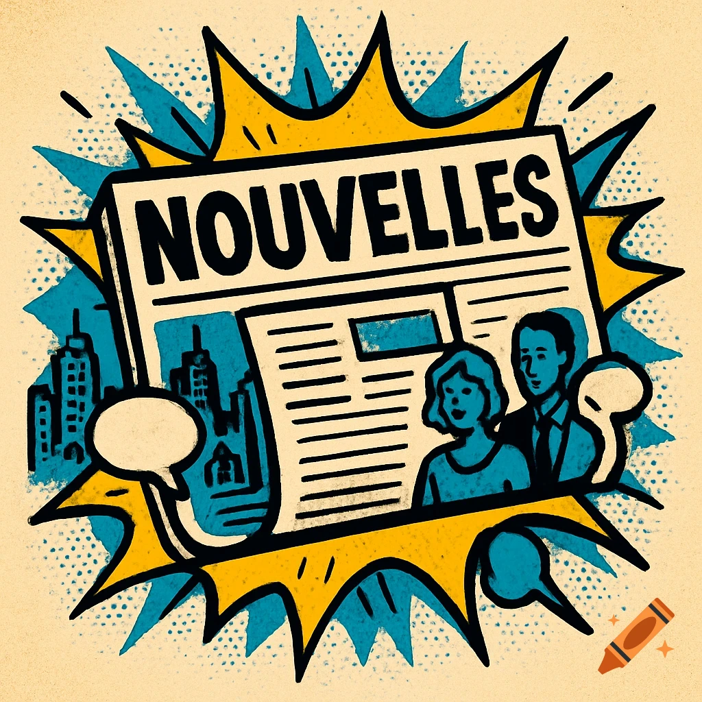 Comic art illustration of a newspaper with 'NOUVELLES' headline and cartoon people.